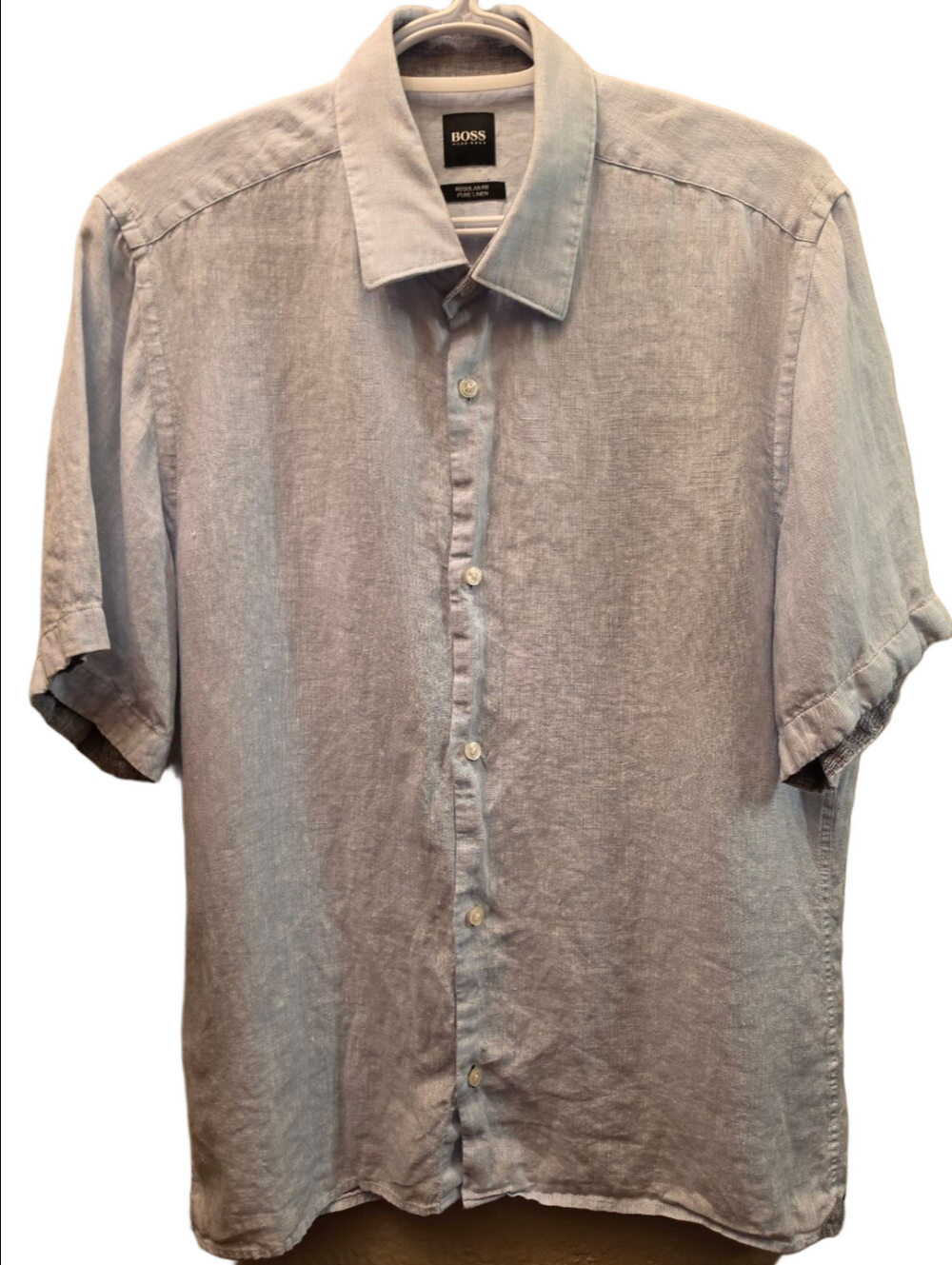 BOSS Hugo Boss 100% Pure Linen Blue Short Sleeve Shirt Regular Fit M